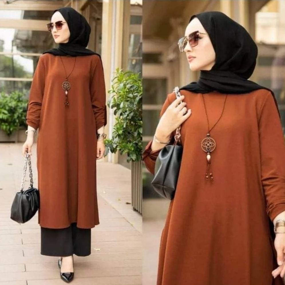 Awet Nabila Set Crinkle Airflow Baju Muslim Wanita Setelan Celana Tunik Panjang Belah Samping/ One S
