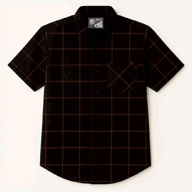 Kemeja Casual Flanel Pria Lengan Pendek Baju Kotak Hitam Garis Gold Distro Motif Panjang Tangan Nyam