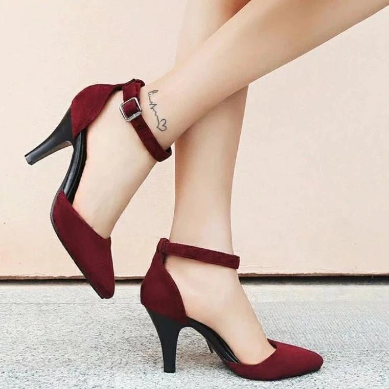 Sepatu Wanita Merah Maroon Hak Tinggi
