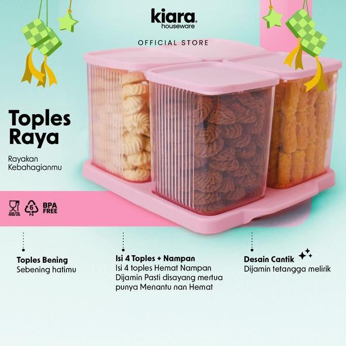 Kiara Houseware Toples Raya Lebaran Cjp Kiara 4Pcs Ungu/Pink/Hijau 1000Ml & 750Ml Bening Hemat Nampa