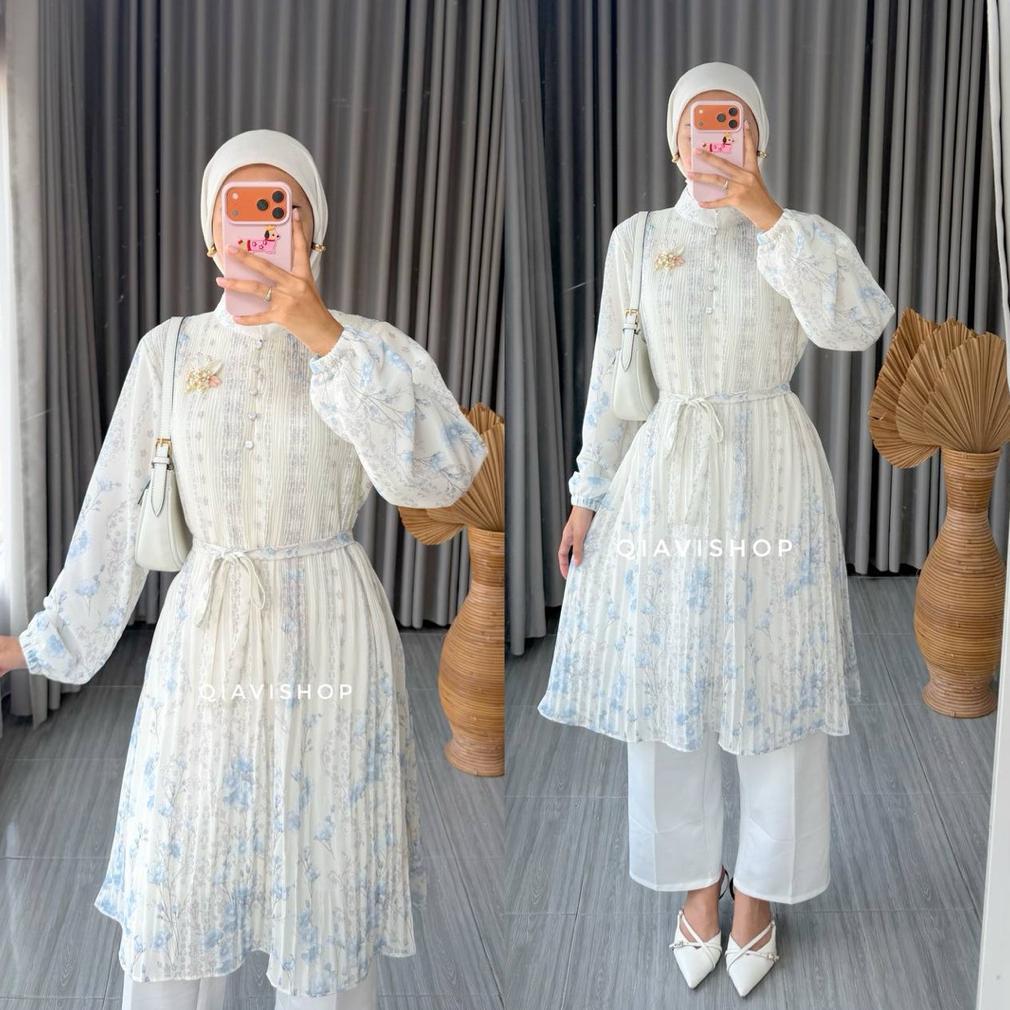 Tahan Lama  Qiavi Shop - Revi Tunik / Tunic Atasan Plisket Simple Mewah Motif Cantik Warna Pastel Ku