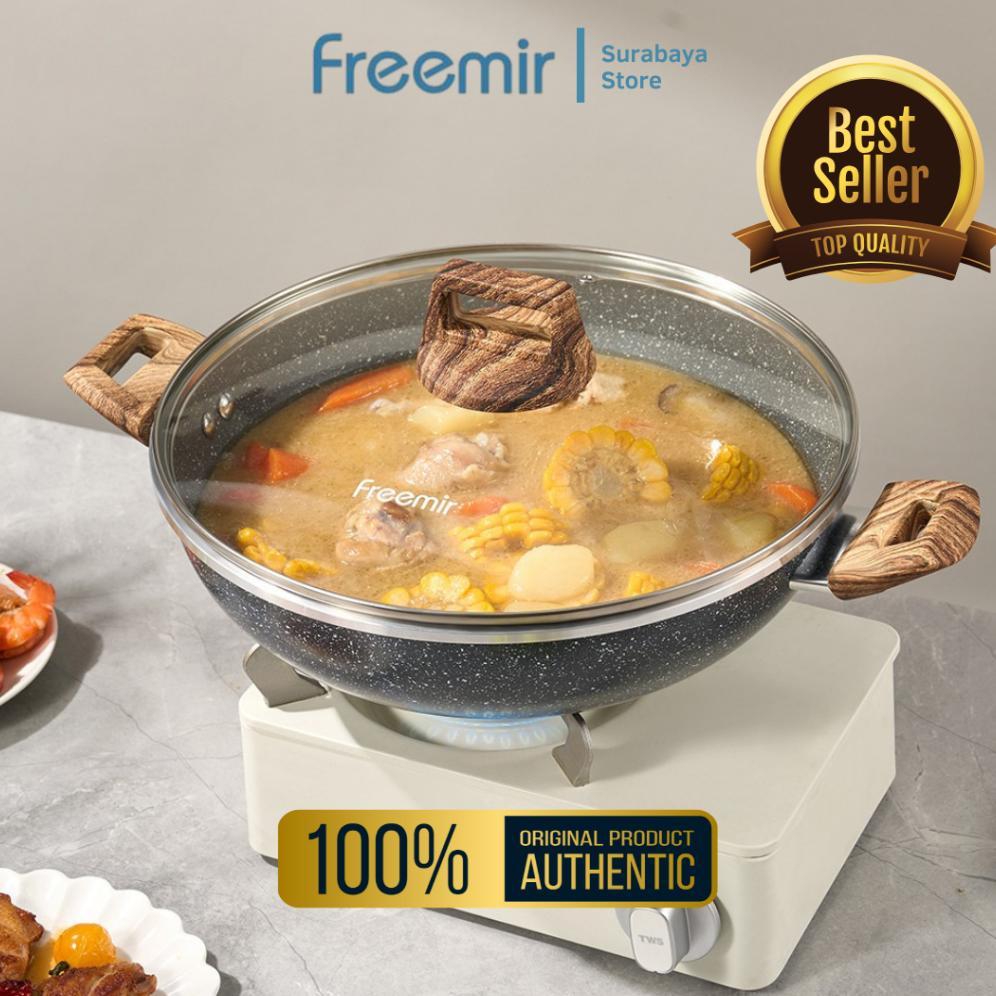 DISKON [REKOMENDASI] FREEMIR WAJAN KUALI TUTUP KACA GAGANG KAYU GRANIT HITAM ANTI LENGKET GORENG PAN