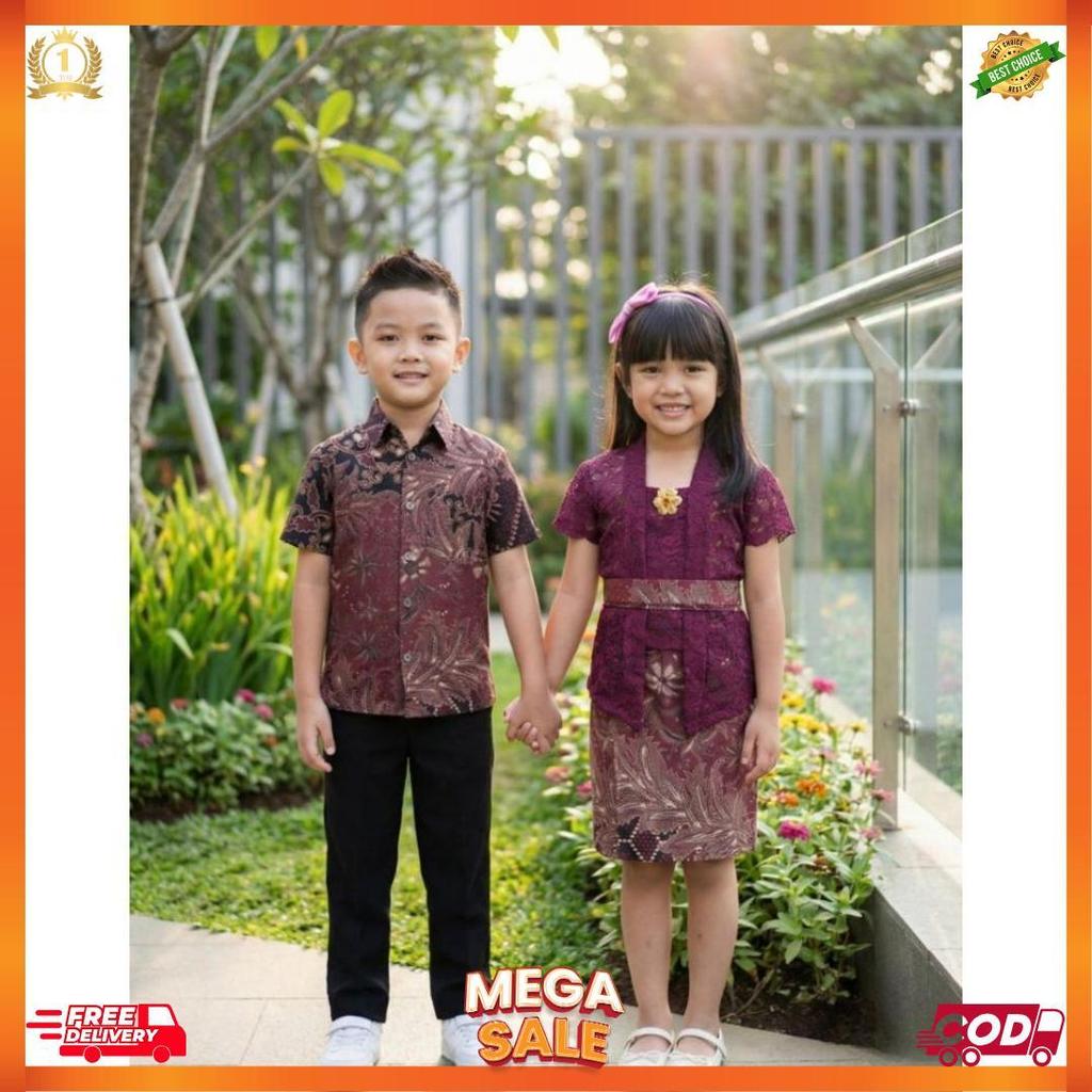 Couple Kemeja Batik Anak Laki Laki & Kebaya Brokat Bali Anak Perempuan Usia 1-9 Tahun [L7]