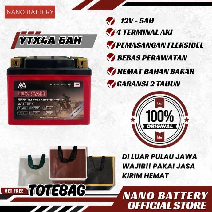 Nano Battery Aki Motor Sodium Ion 12V 3.9Ah/12V 5Ah Aki Motor Ytx4A 12V 3.9Ah/12V 5Ah Aki Kering Gar