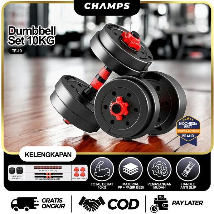 CHAMPS Barbel 10 Kg Set Adjustable Olahraga Angkat Beban Mudah Dilepas Pasang