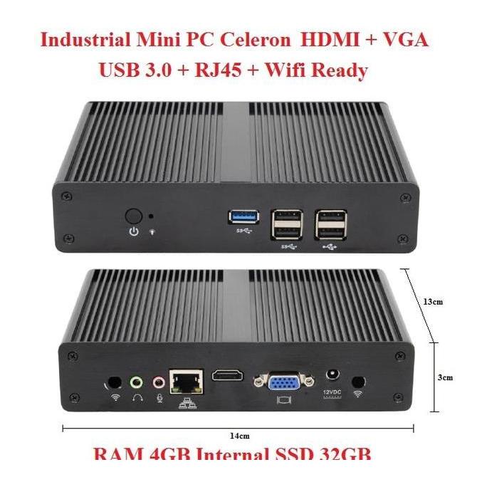 Industrial Mini Pc X86 Intel Celeron 4Gb Ssd 32Gb Wifi Hdmi Vga Minipc