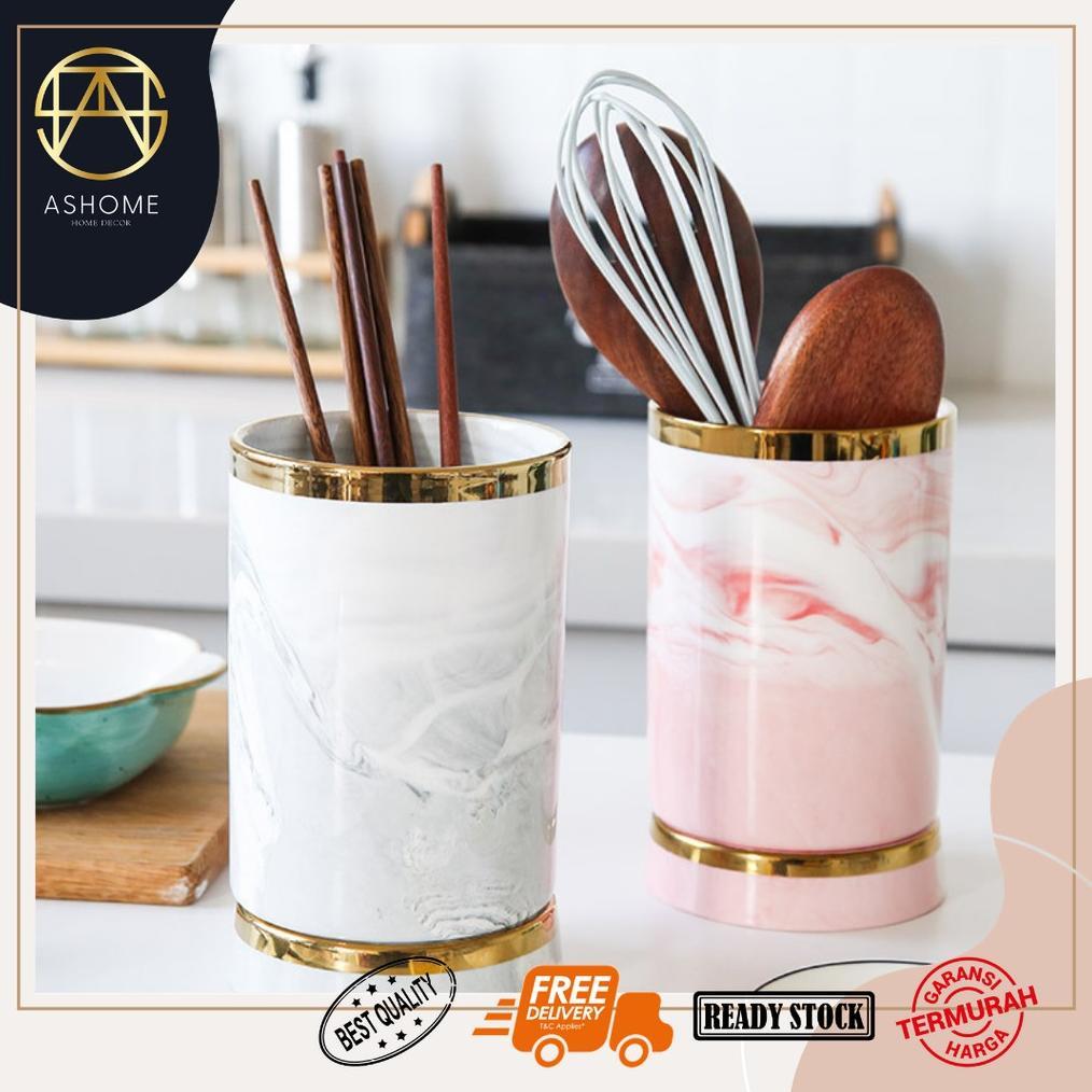 Tempat Sendok Keramik Warna Abu Marble dan Pink Marble List Gold / Tempat Sendok Aestetik / Tempat S