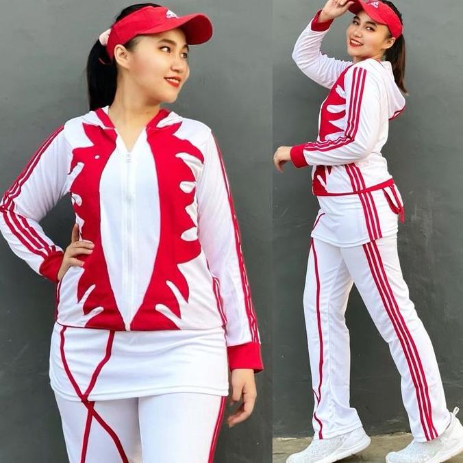 Setelan Baju Senam Lapangan Cakar Putih Merah Zumba Aerobik Hijab Cycling Fitness Olahraga Muslim Pa