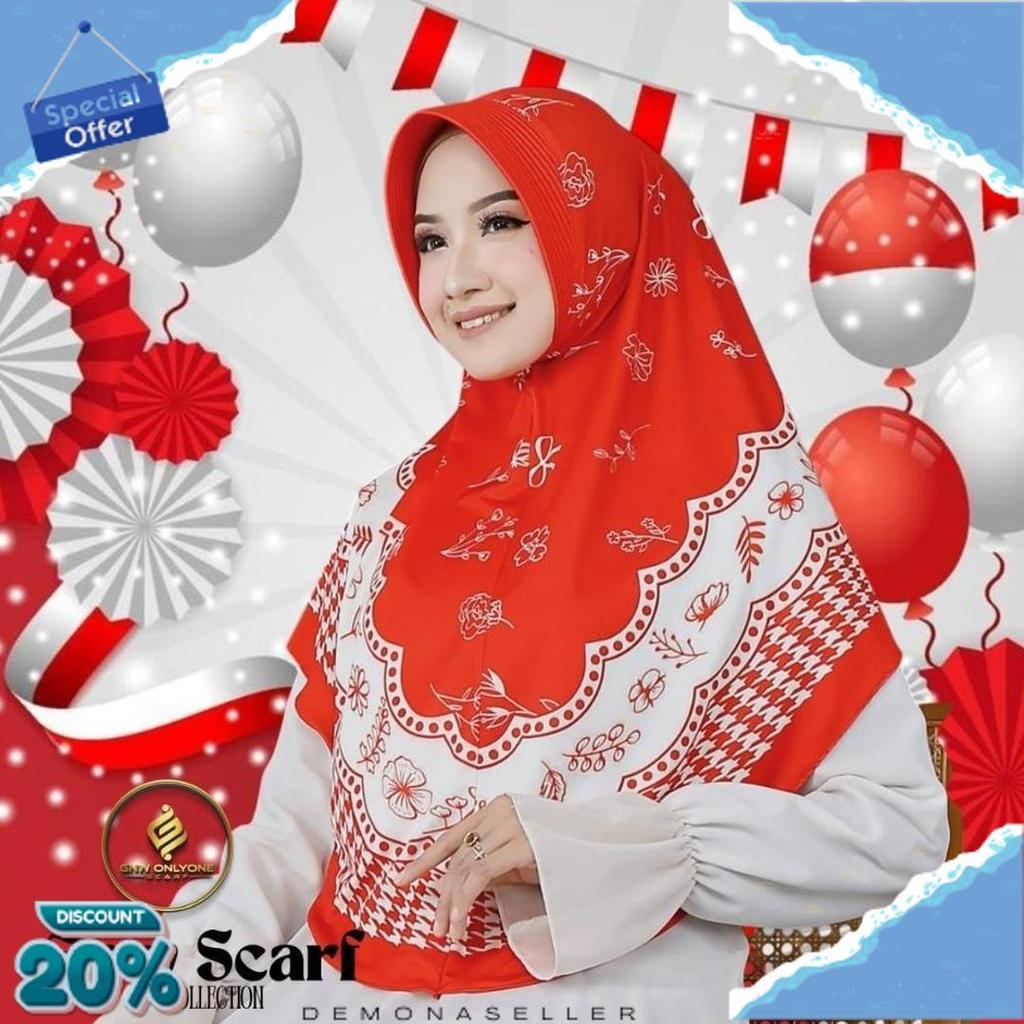 New Hijab Bergo Khimar Syari Instan Jilbab Jersy Merah Putih Motif Kemerdekaan