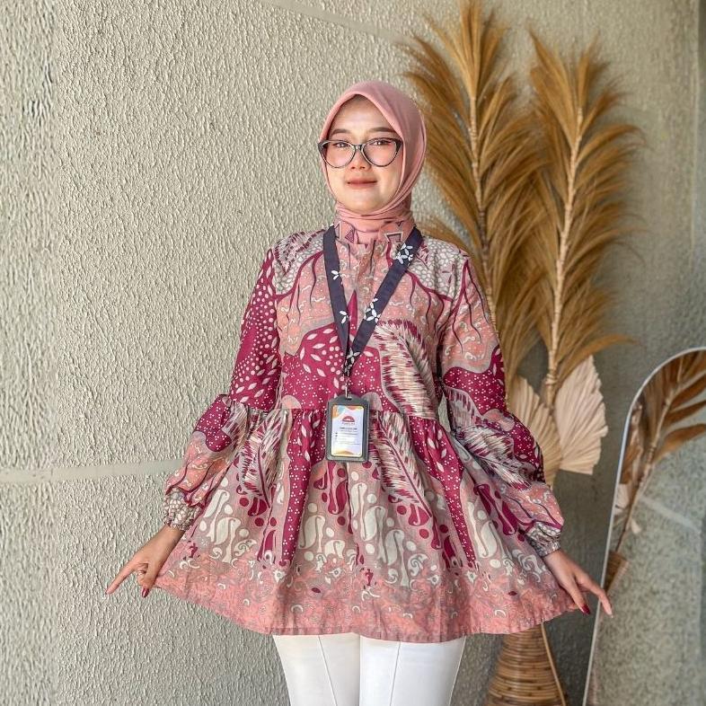 READY STOCK RASARAYA BATIK Chaya Blouse Wanita Katun - Atasan Batik Kerja Kantor Soft Pink Tangan Ba