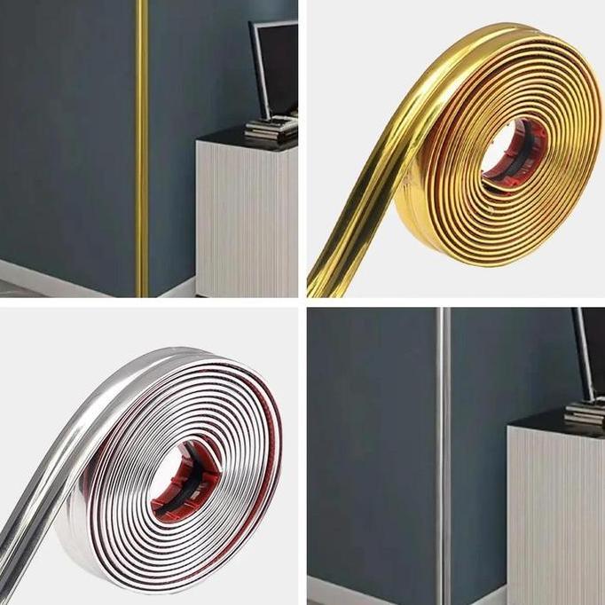 Whyyou- Stiker Tepi List Plat Strip Mirror Hairline Gold Panjang 10 M List Wallpaper Sticker Emas St