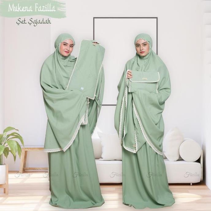 Mukena Katun Adem Premium Dewasa Jumbo Set Sajadah Fazilla Green Tea Bawahan Lembut Tebal