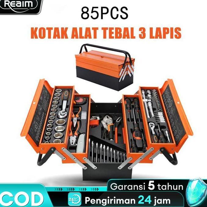 REAIM Tool Kit 85 Pcs, Tool Box Perkakas, Kunci Sok Set, Pekerjaan Mobil, Tool Box Set Alat Bengkel,