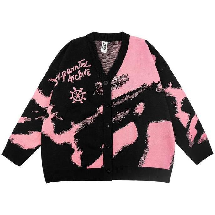 crestinshop55 - grdt - experimental knit cardigan black pink panjang knitwear pria sweater kerah mot