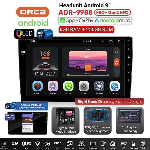 Head Unit Android Auto Carplay 9 Inch Orca Adr-9988 Pro+ Plus Dvr