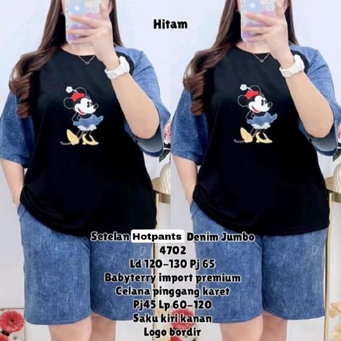 Promo Set Wanita Jumbo Ld120-130 Hitam Pita Bordir Babyterry Import Cod