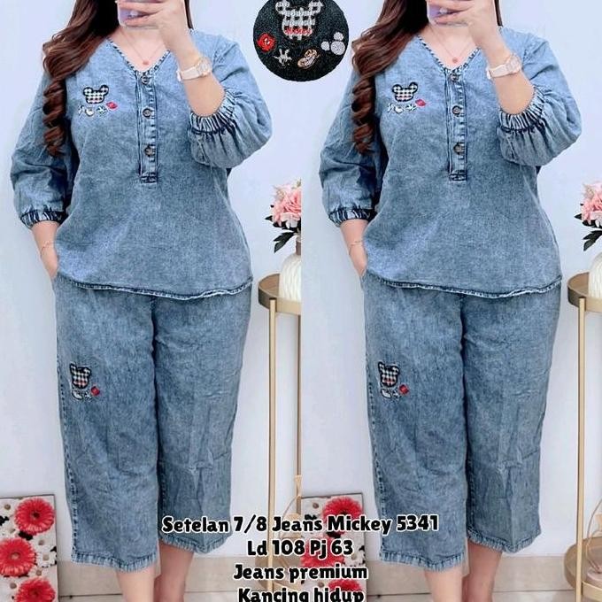 Promo 5341 Setelan Celana 7Per8 Jeans Bordir Mickey Wanita|One Set Jeans|Setelan Celana 7/8|Setelan 