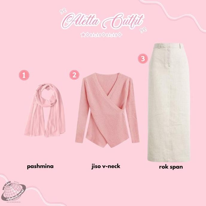 Promo Pink Outfit Hijab Style 3In1 (Blouse Rajut Jiso + Rok Span Drill + Pashmina Ceruty)Li056 Baju 