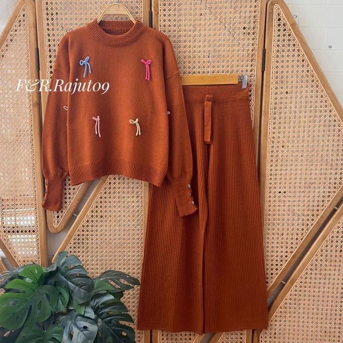 Promo Oneset Tamari Atasan Sweater Rajut Motif Pita Setelan Celana Kulot Premium Wanita Lengan Panja