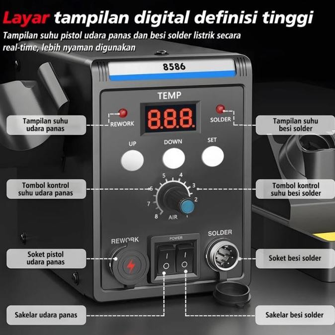 FUSHIGURO- Solder Blower Stasiun Solder Digital Display Hot Air Solder Blower Hot Air Blower Solder 