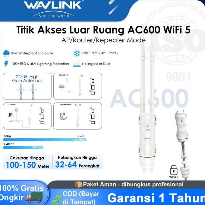 BECQUEREL- Wavlink AC600 Outdoor WiFi Repeater CPE600 - Titik Akses Luar Ruang 2.4GHz+5GHz, Tahan Cu