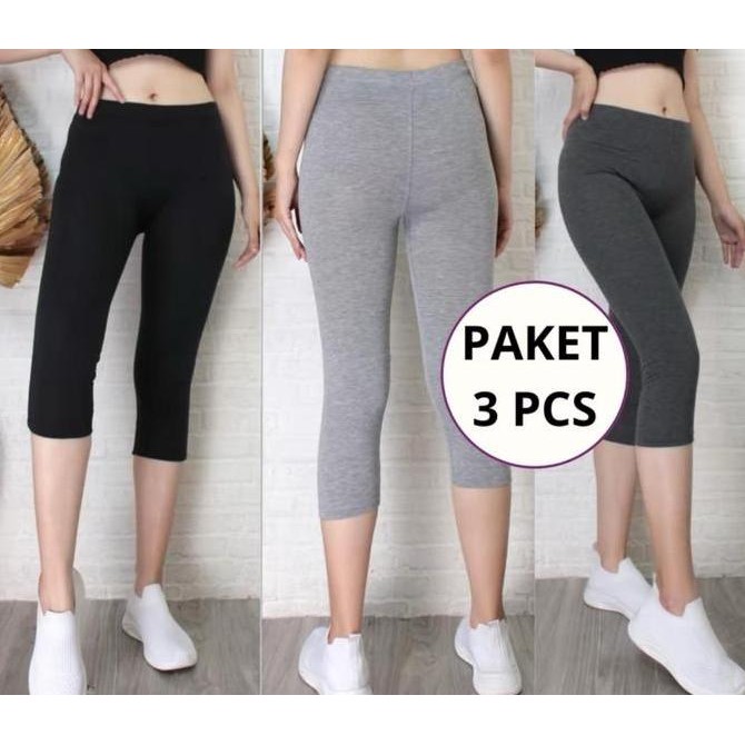 Promo PAKET LEGGING KAOS 3 PCS 3/4 Pendek Celana Legging Kaos Fit Lembut Standar Nyaman Stretch Dewa