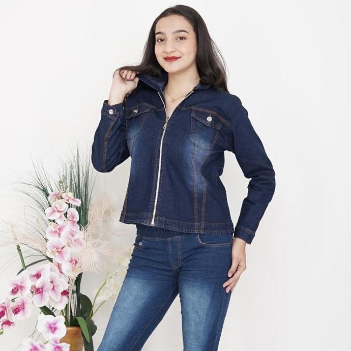 Promo Minola Jaket Wanita Jeans Hoodie Nathalie Denim Stretch Tudung Resleting Lengan Panjang Cewek 