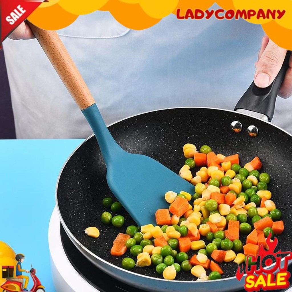 Big Promo Spatula Silikon Utensil Gagang Kayu Tahan Panas Sutil Silikon Tahan Panas