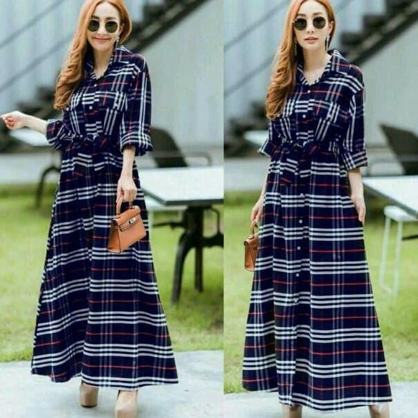 DF166>> GAMIS LONG DRESS MAXI MUSLIM KOTAK BIRU NAVY BULBERY SERRA