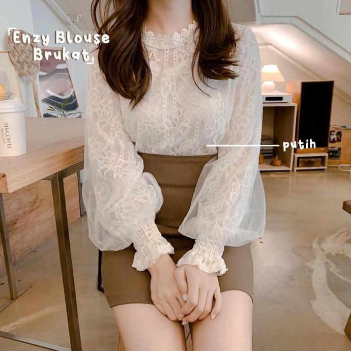 Nj - Enzy Atasan Brokat Kasual Wanita   Baju Panjang Putih Top Hitam Premium