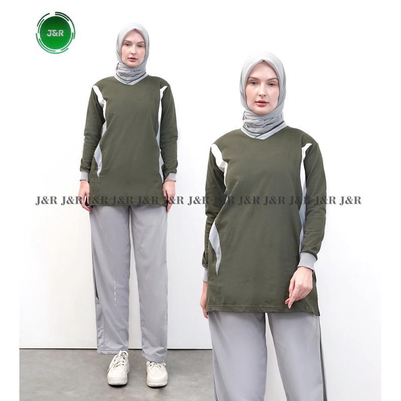 Stelan Baju Tunik Muslimah Manset Senam Latihan