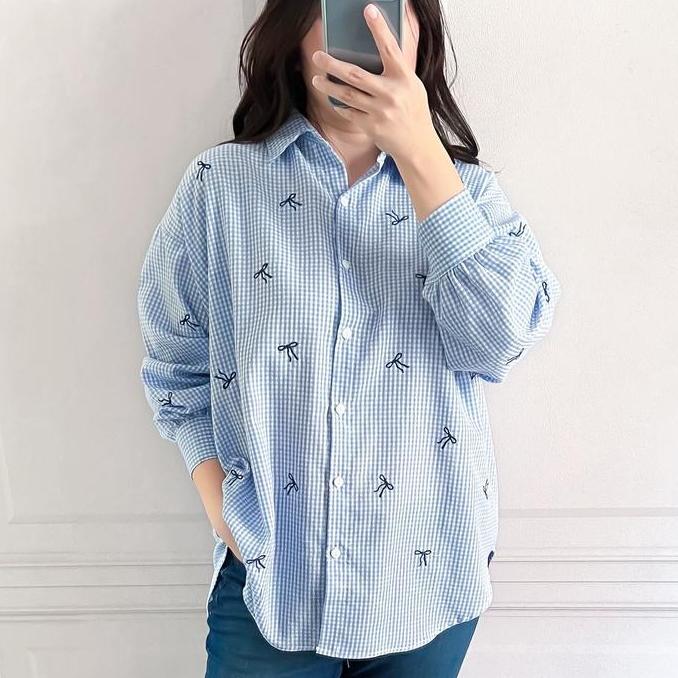 Kemeja Wanita Kotak Gingham Bordir Pita Ribbon Coquette - Lingkar Dada 125Cm - Formal Baju Lengan Pa