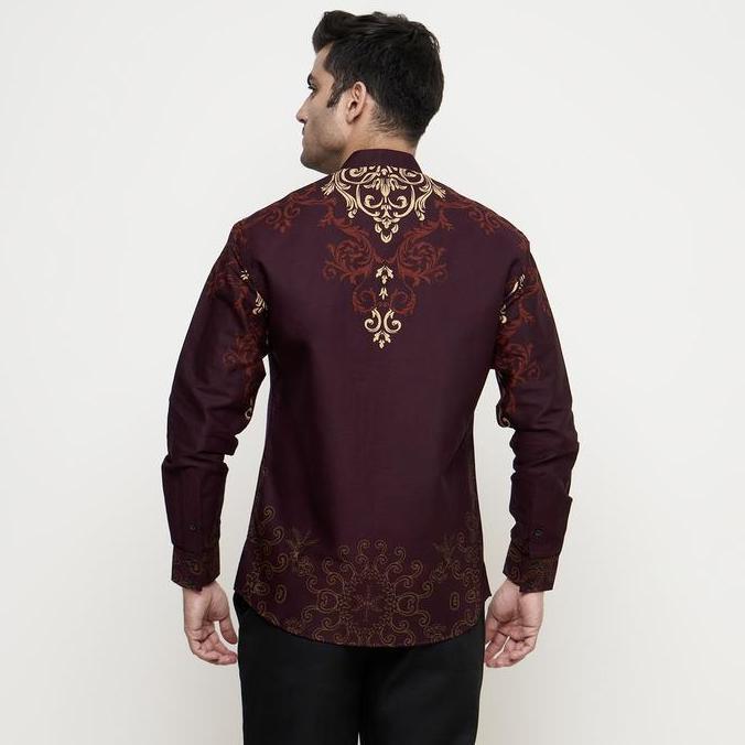 BAJU KOKO MUSLIM KEMEJA BATIK PRIA LENGAN PANJANG SLIM FIT FURING PREMIUM BURGUNDY HEM LEBARAN KERAH