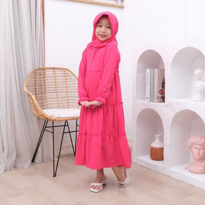 DF239>> GAMIS ANAK SET HIJAB 2-9 TAHUN POLOS REMPEL TIGA BAHAN RAYON LICIN TUNIK JILBAB LEBARAN
