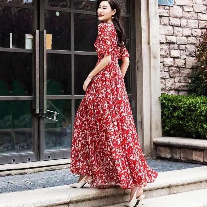 Promo long dress Retro gaun panjang sifon bermotif bunga Korea terbaru/dress panjang/dress bunga kor