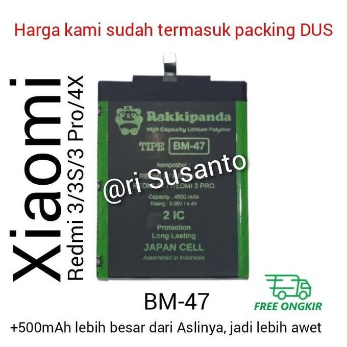 NEW Baterai Rakkipanda BM47 for Xiaomi Redmi 3/3S/3 Pro/4X Double Power