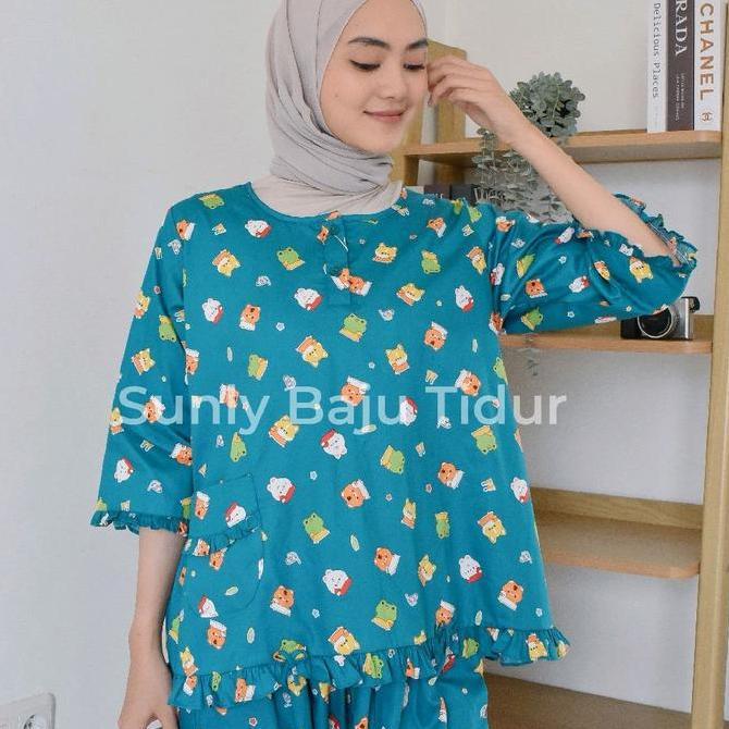 Sunly Setelan Baju Tidur Lengan 3/4 Dan Celana Panjang Uk. 24 Untuk Wanita - Katun, Dewasa, Kancing,