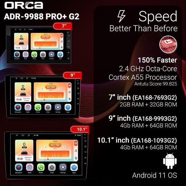 Head unit Android tv Auto Carplay 10 inch ORCA ADR 9988 PRO+ plus DVR murah