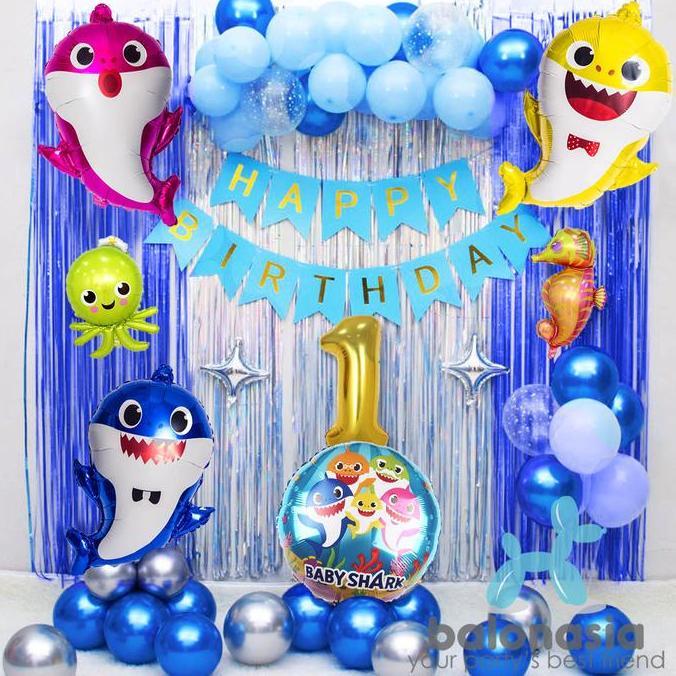 Balon Foil Ulang Tahun Baby Shark sea 2 tirai Set anak LL