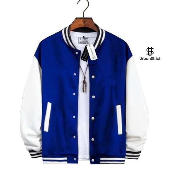 Promo Urbanstrict - Varsity Baseball Jacket Distro Unisex Polos Biru Putih Jaket Varsity COD