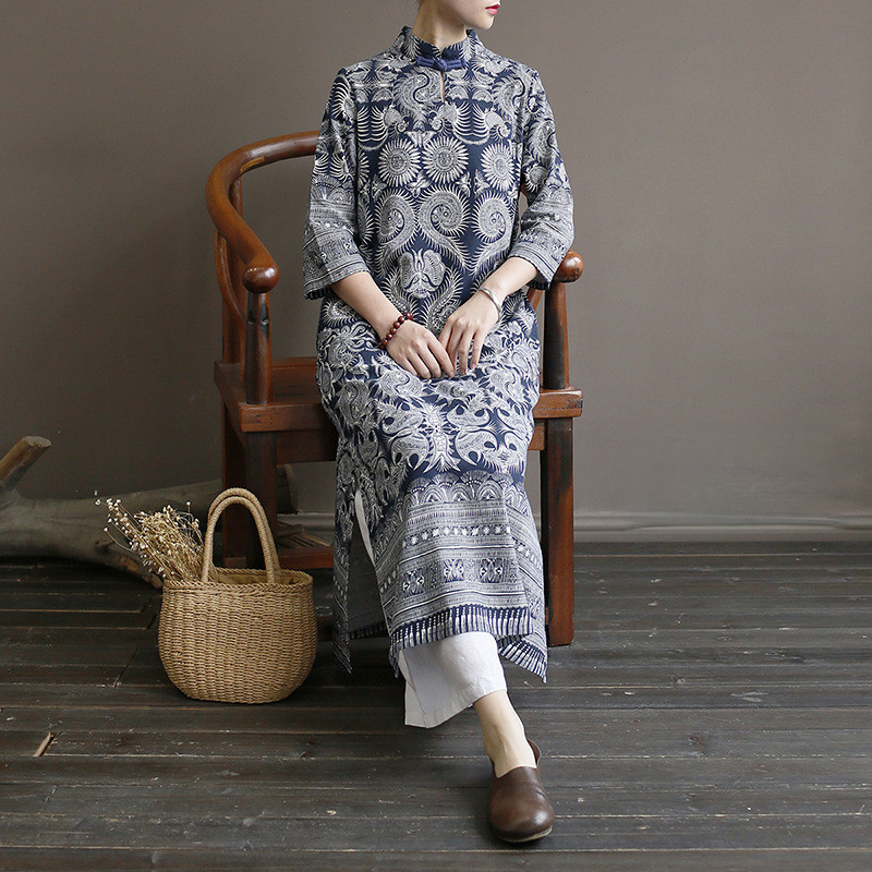 Gaun longgar Zen porselen biru dan putih gaya batik retro wanita baru