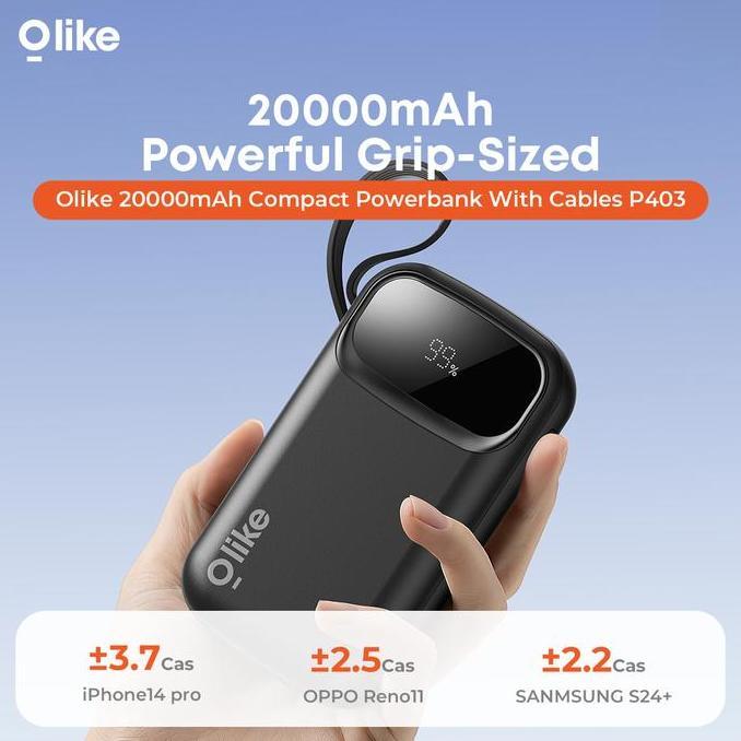 Olike Compact Mini Powerbank P403 3 Built-in Cables Type-c Lightning 20000mAh LED Display Black