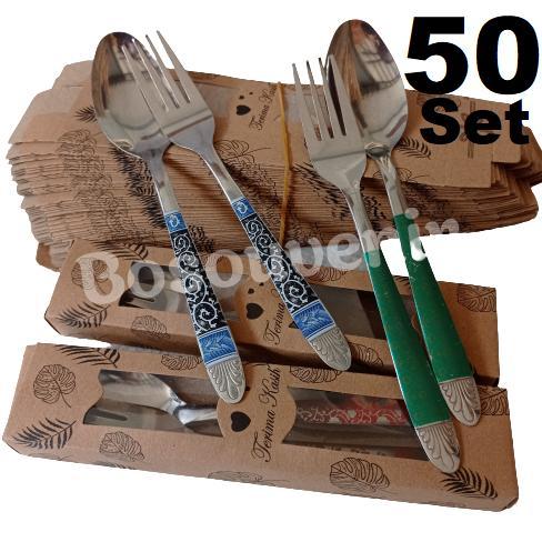 isi 50 set Sendok Garpu Batik + Box Rustic Souvenir pernikahan Khitanan Sendok