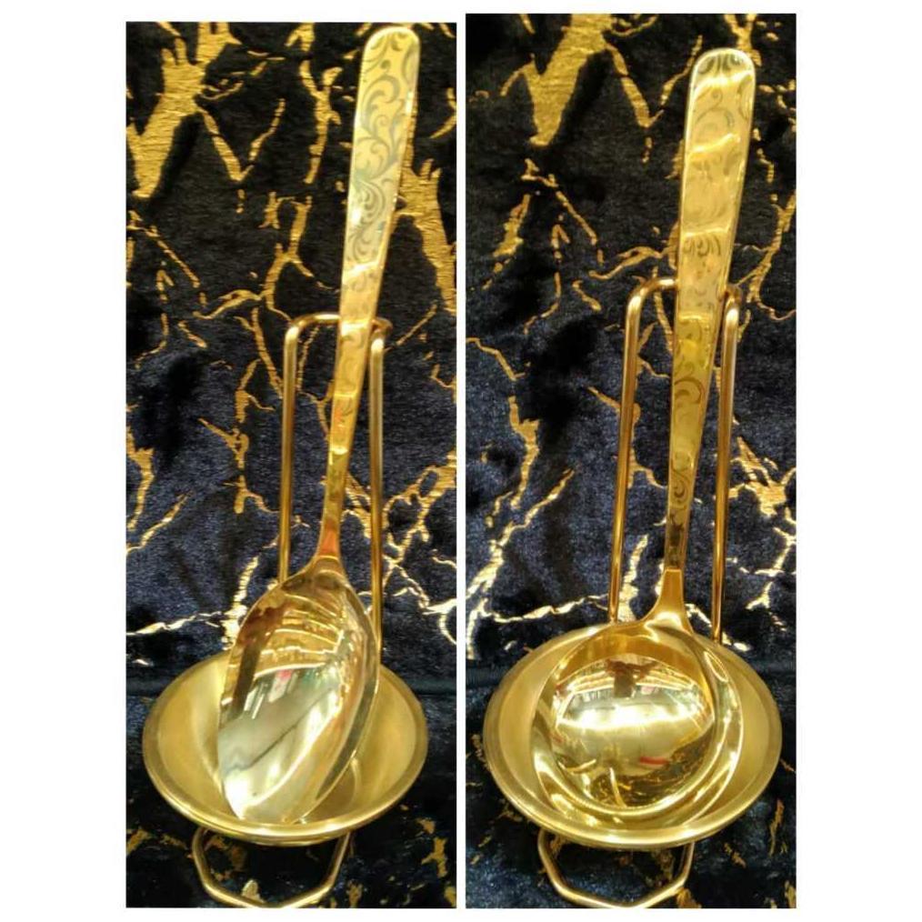 Sendok Sup I Lauk Prasmanan Stainless Gold & Tatakan Sendok Stainless Gold Sendok