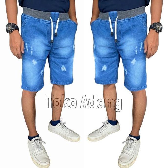 DI101 >> Celana Pendek Pria Jeans Pinggang Karet Melar Rip Rib Sobek Robek Jins Jean Laki Cowok Cowo