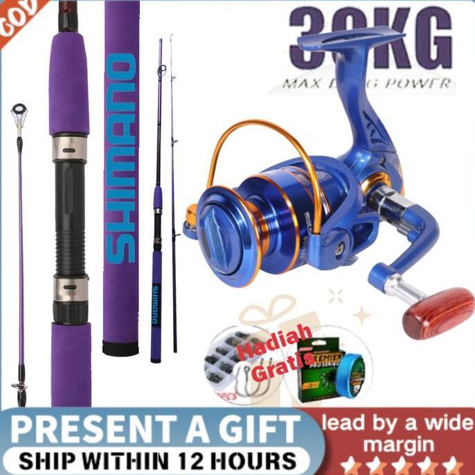Terlaris SET SHIMANO 2025 KHUSUS LAUT: Joran Ungu Teleskopik 1.8-3.0M + Reel Biru Metalik 5.2:1 - BO