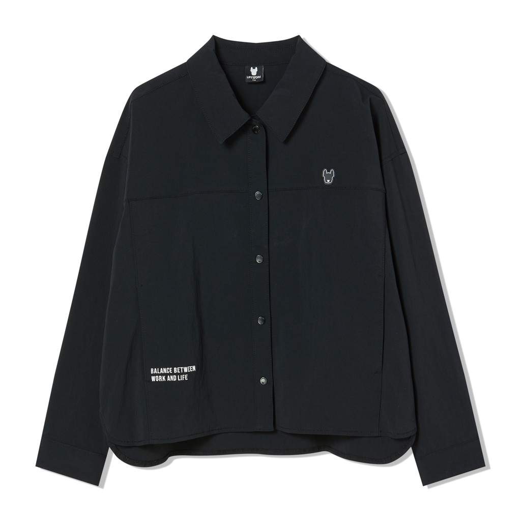 [LIFEWORK] - Nylon Span Ladok Wappen Crop Shirt [Set Up] Black - Atasan Kemeja Hitam Wanita