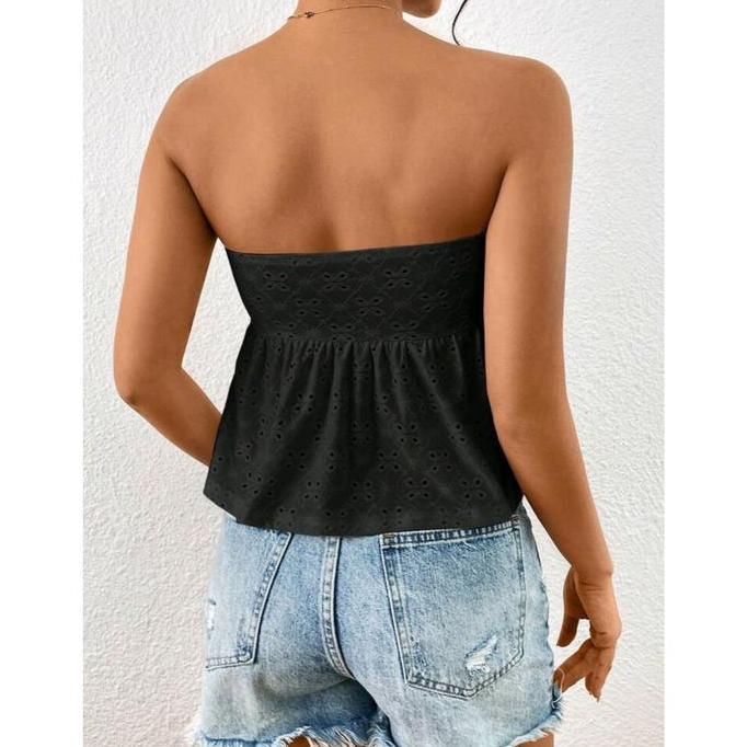 Promo SHEIN Prive Eyelet Embroidery Tie Front Tube Shoulder Top COD