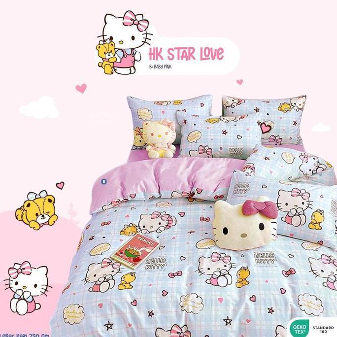 Sprei Katun Lokal Star Bintang Kecil Motif Hk Kitty Pink Biru - Marie cat - motif kucing cantik pa