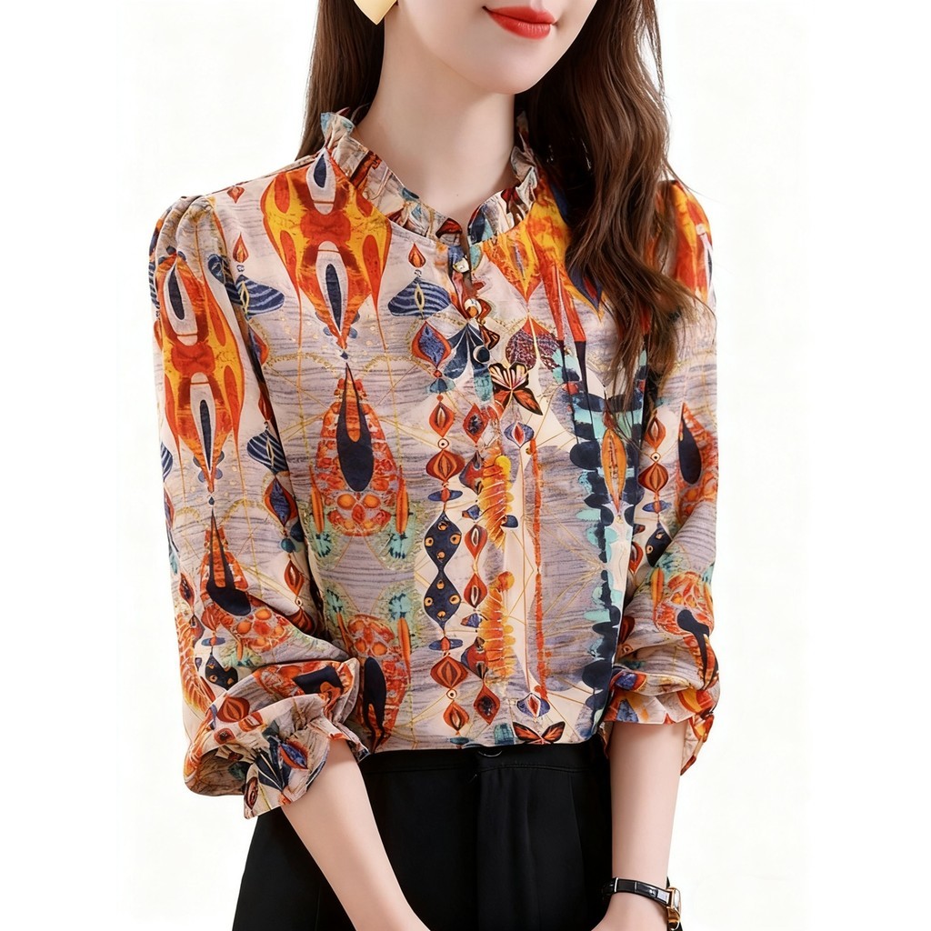 Bebovizi Blus Kasual Sifon Oranye Gaya Busana Korea